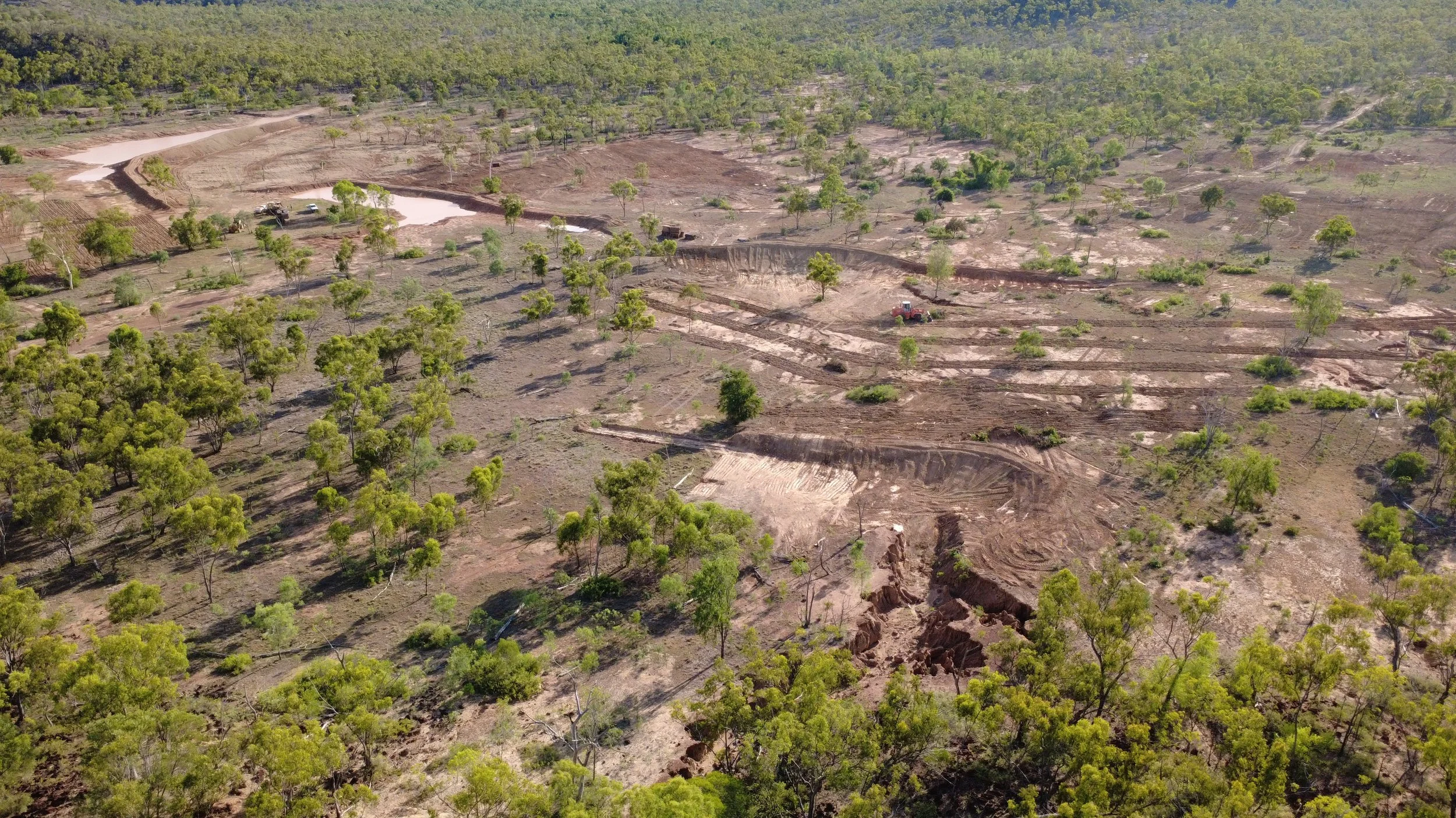 Aerial view of deforestation with cleared land and remaining trees, showing ongoing land excavation and machinery.