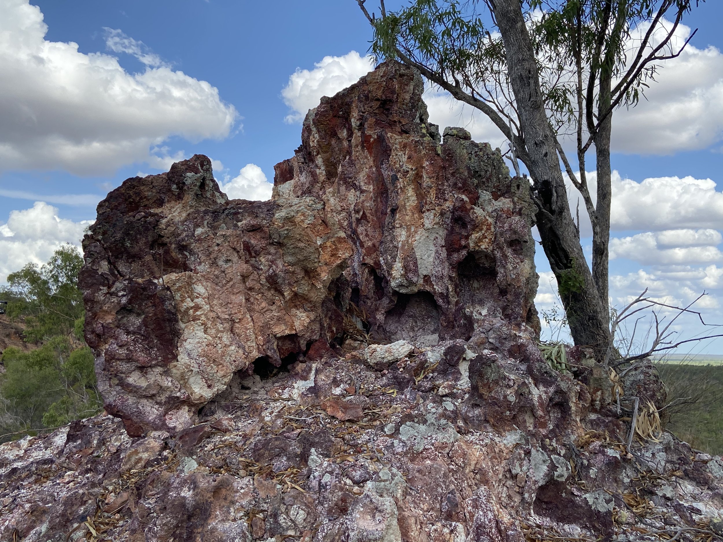 Large, reddish-brown rock formation with small openings, situated outdoors under a blue sky with scattered clouds, next to a tall, slender tree with sparse leaves and a background of green trees and open land.