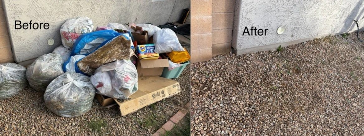 Comparison of a cluttered area filled with garbage and debris in the "Before" side and a clean, cleared area in the "After" side, showing removal of trash.