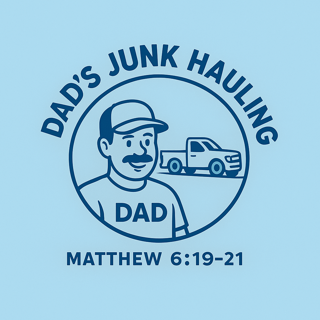 Logo of Dad's Junk Hauling featuring an illustration of a smiling man with a mustache wearing a cap, a pickup truck, and text referencing Matthew 6:19-21.