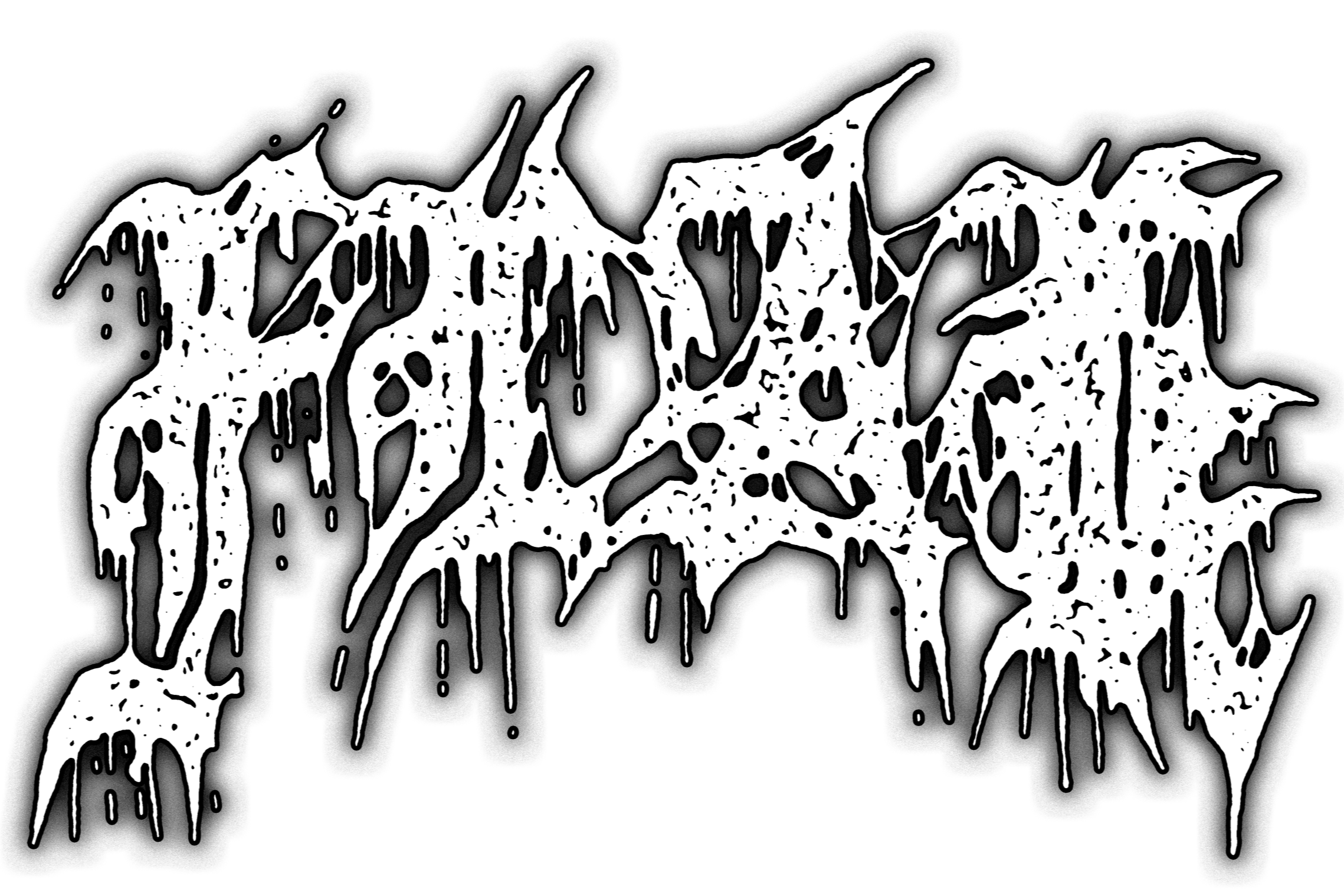 A black background with a white, dripping, and splattered logo or text in a stylized, illegible font.