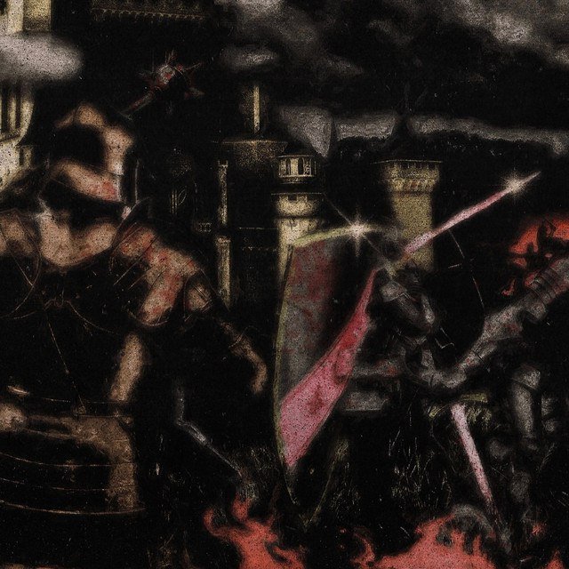 Close-up of a dark, detailed illustration of mythological or fantasy scene with three armored figures, one holding a sword, and a background with structures and a fiery glow.