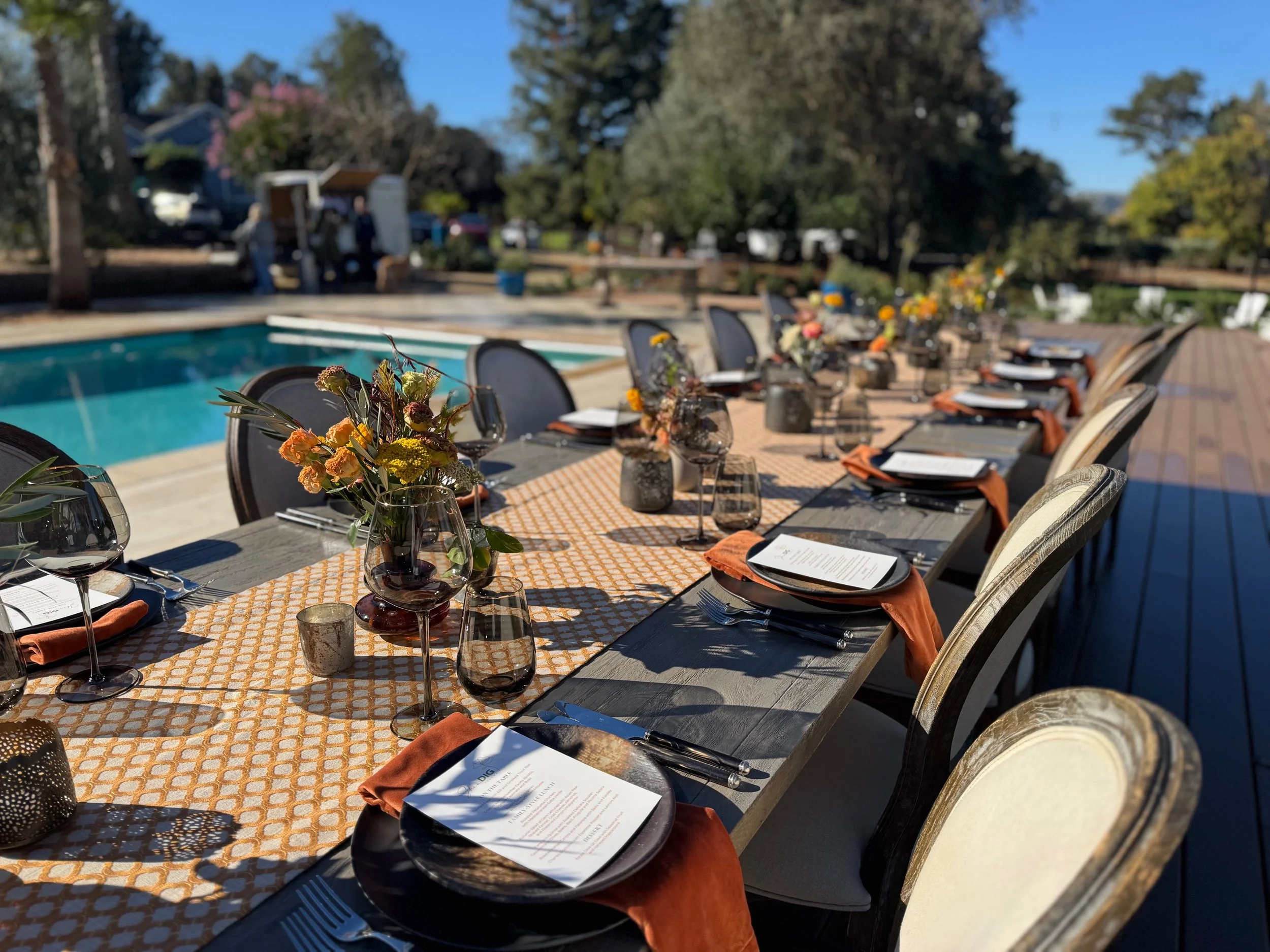 Long outdoor dining table set for a party next to a swimming pool, with flowers, wine glasses, and place settings on a sunny day.