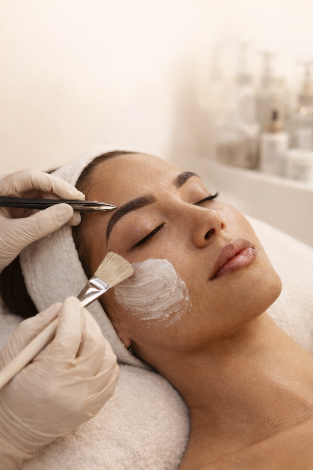 A woman receives a facial treatment in a spa or skincare clinic, with a skincare professional applying cream to her cheek.