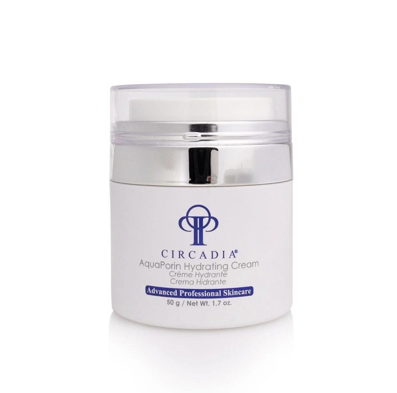 White jar of Circadia AquaPorin Hydrating Cream with blue and purple text, silver cap, and transparent lid, on a white background.
