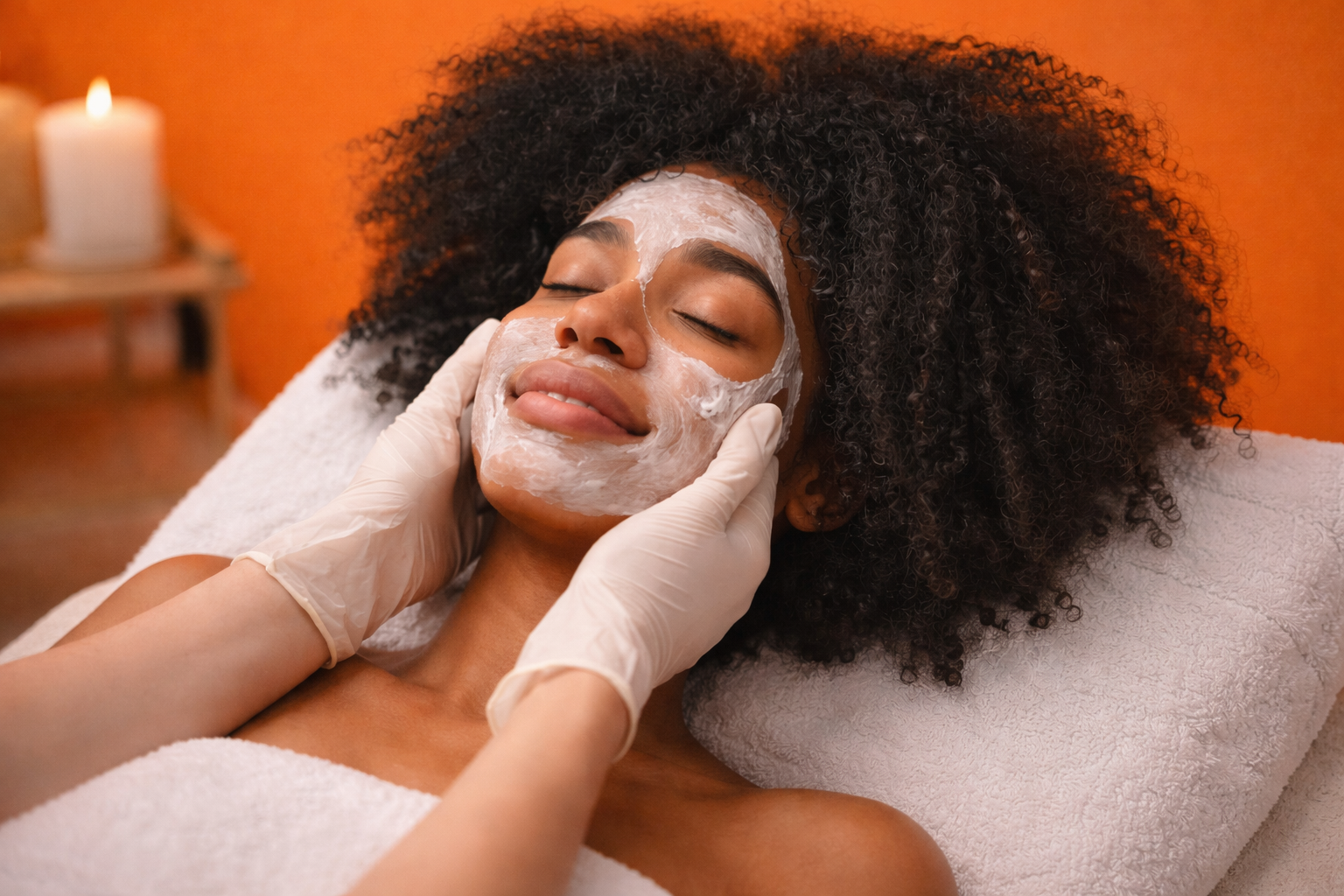A woman with curly hair receives a facial treatment with a cream mask, lying on a massage table with white towels, in a spa with a warm orange background and a lit candle in the background.