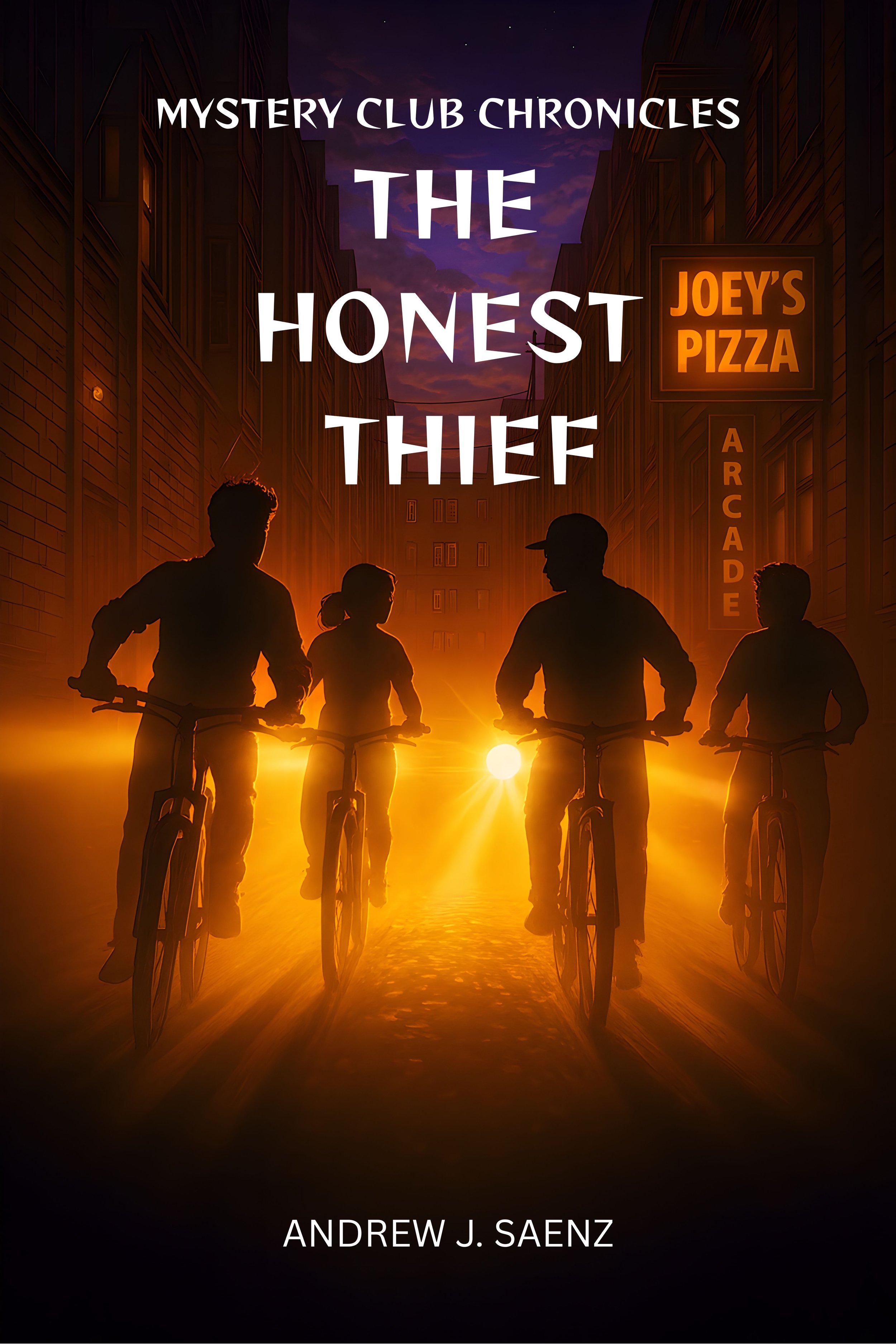 Book cover for The Honest Thief by Andrew J. Saenz, showing silhouettes of four children riding bicycles at sunset near a neon pizza sign, from the Mystery Club Chronicles series.