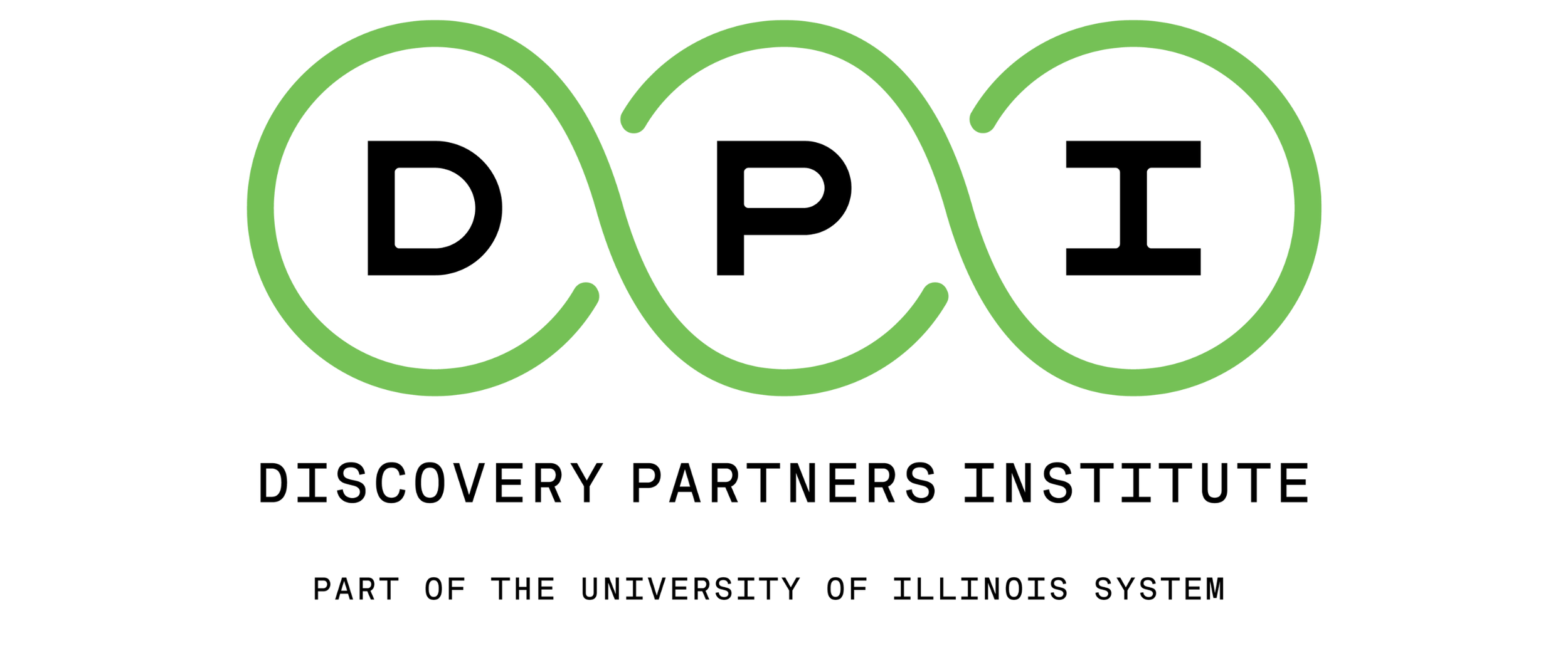 Logo for Discovery Partners Institute featuring three linked circles with the letters D, P, and I, and the text 'Discovery Partners Institute' and 'Part of the University of Illinois System' underneath.