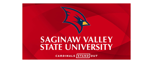 Saginaw Valley State University logo on red background with Cardinals motto.