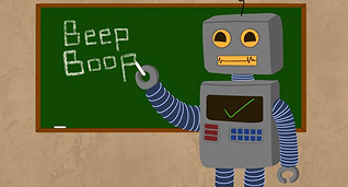 A robot with a square head and striped arms writing on a green chalkboard.