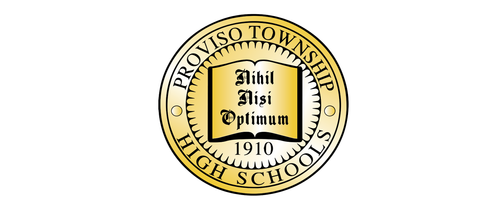 Proviso Township High Schools emblem featuring an open book with Latin phrase and the year 1910.