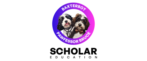Logo featuring two dogs with glasses, a blue and purple circular background, and text 'Baxterbott Pawfessor Bruce Scholar Education'.