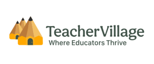 TeacherVillage logo with three pencil-shaped tents and the text 'TeacherVillage' and 'Where Educators Thrive'.