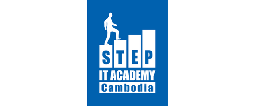 Logo for STEP IT ACADEMY Cambodia, featuring a silhouette of a person climbing stairs and the text 'STEP IT ACADEMY Cambodia'.