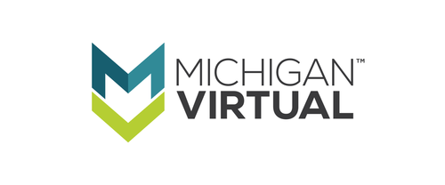 Michigan Virtual logo with stylized 'M' in blue and green, and the text 'Michigan Virtual' next to it.