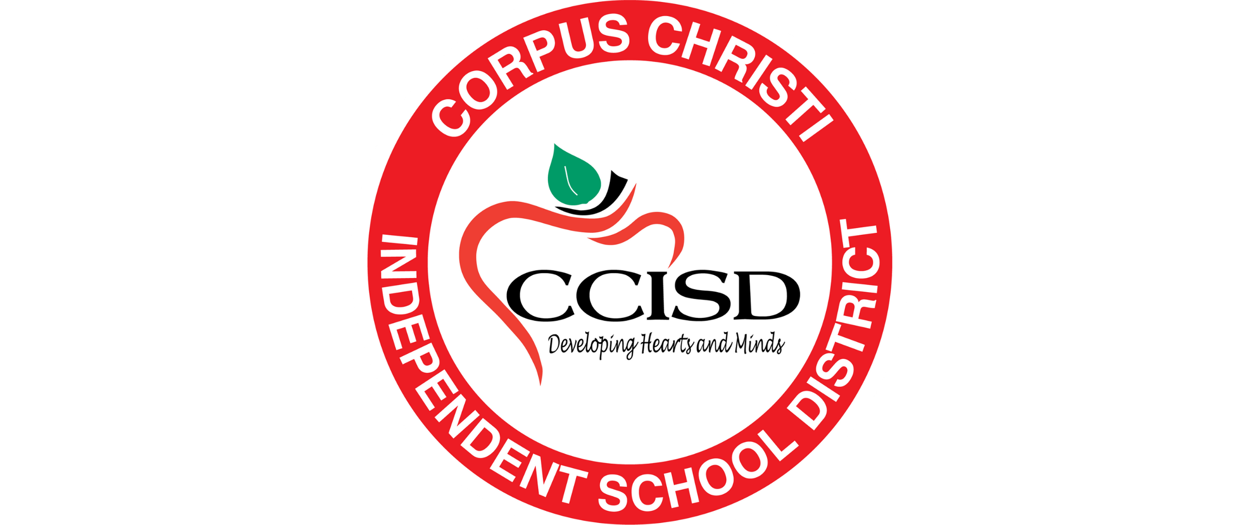 Logo of CCISD, Clear Creek Independent School District, featuring a red circle with white text, a stylized apple with a green leaf, and the tagline 'Developing Hearts and Minds'.