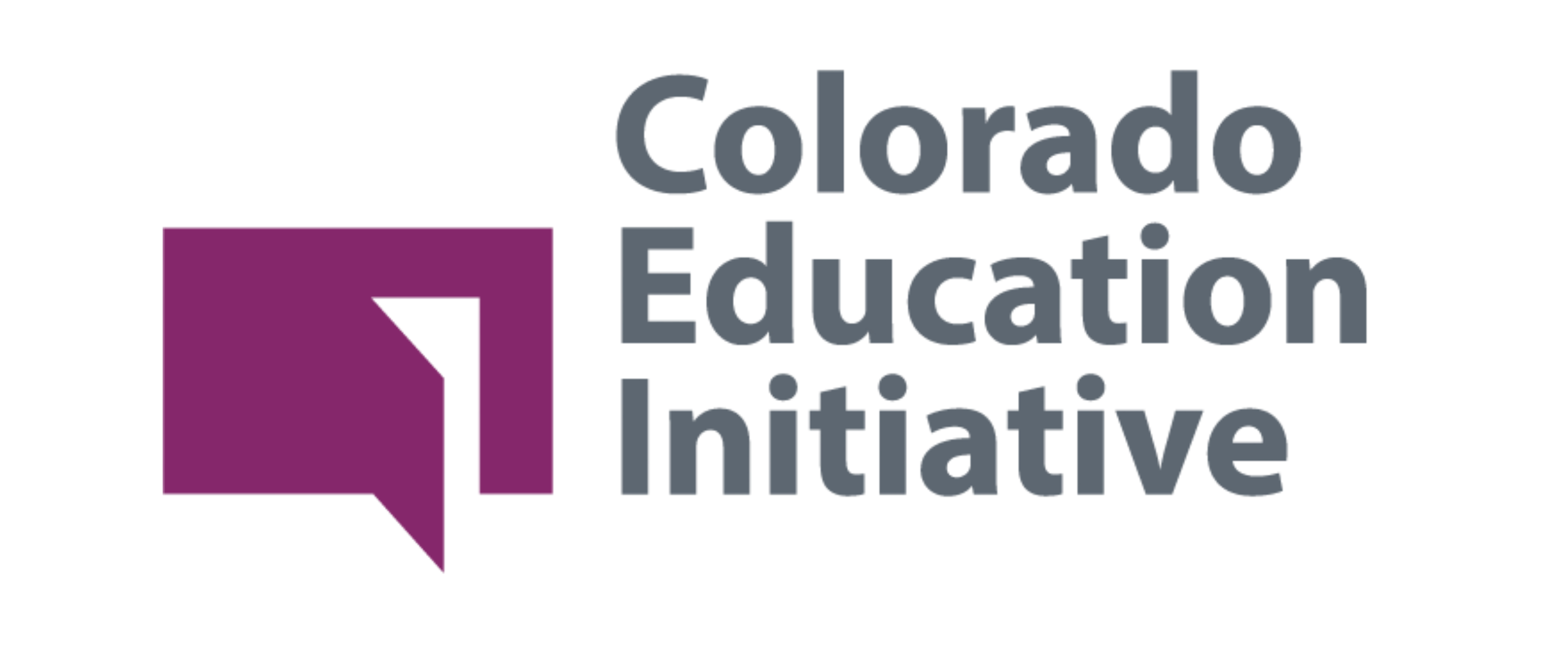 Logo of Colorado Education Initiative with purple speech bubble and white stylized flag inside, accompanied by gray text reading 'Colorado Education Initiative'.
