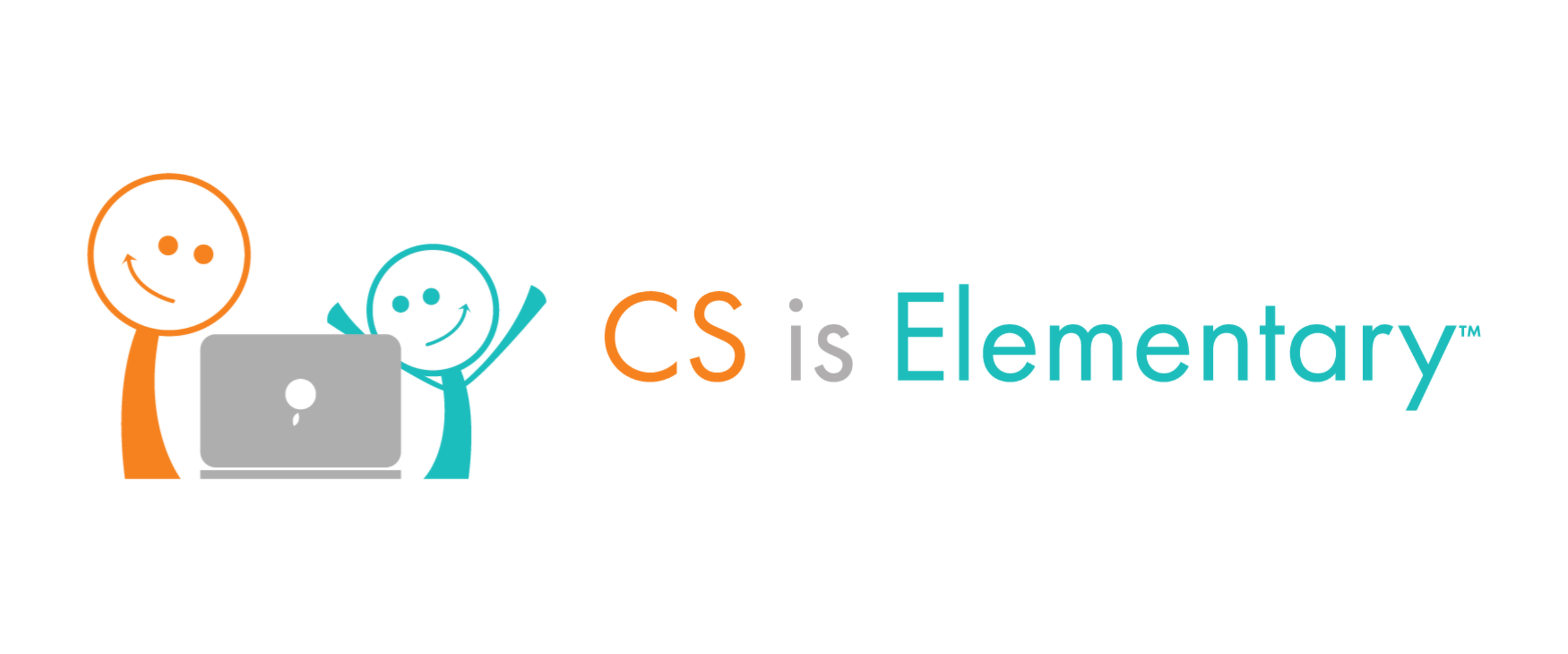 Illustration of two happy figures, one orange and one blue, next to a gray laptop, with the text "CS is Elementary".