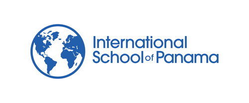 Logo of the International School of Panama featuring a blue globe with a world map and the organization's name.