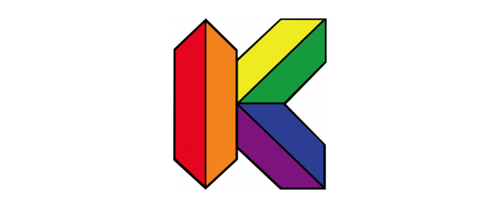 Colorful geometric letter K made of red, orange, yellow, green, blue, and purple shapes.