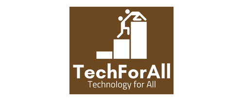 Logo for TechForAll, featuring a person climbing stairs made of blocks towards a rising bar graph, with the text "TechForAll" and the tagline "Technology for All."