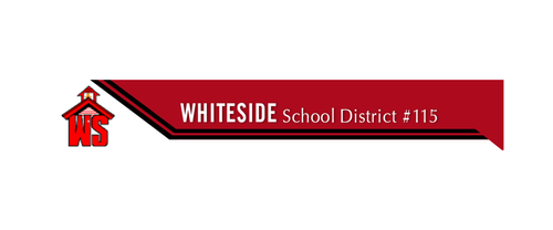 Banner for Whitside School District #115 with school logo and red, black, and white design elements.