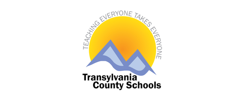 Transylvania County Schools logo featuring a yellow sun, blue mountain peaks, and the slogan 'Teaching Everyone Takes Everyone'.