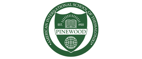 Seal of the American International School of Thessaloniki with the name Pinewood, established in 1950, featuring a book and a globe.