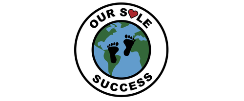 A circular logo with a globe showing continents and oceans, featuring black footprints over the planet. The logo is bordered with the words 'Our Love Success' and a red heart symbol.