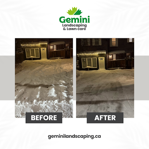 Side-by-side comparison of a snowy backyard before and after snowy removal, with a Gemini Landscaping logo at the top and their website at the bottom.