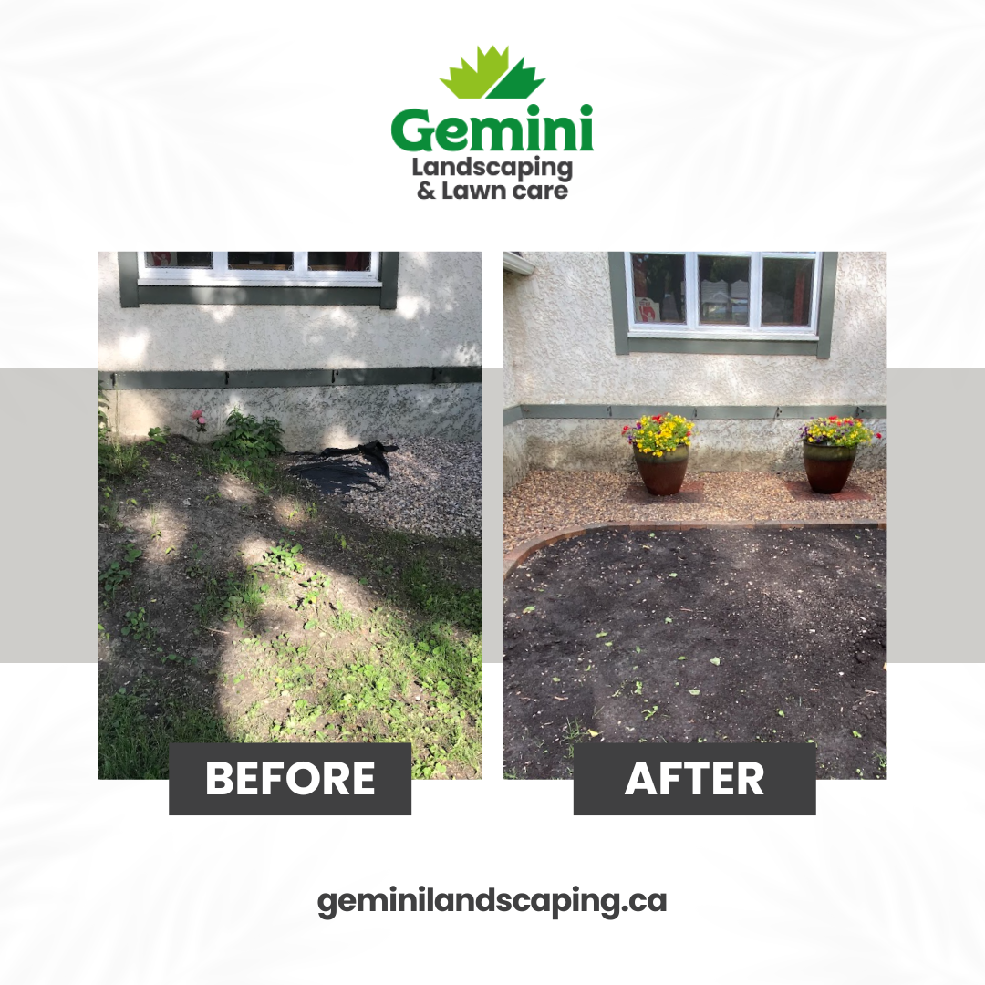 Side-by-side comparison of a house exterior showing landscaping before and after cleanup. The 'before' image has a patch of dirt, weeds, and debris, while the 'after' image has a clean, landscaped area with soil, gravel, and potted flowers.
