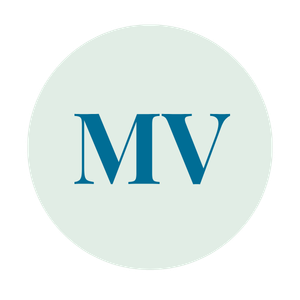 A white circular background with the letters 'MV' in blue in the center.