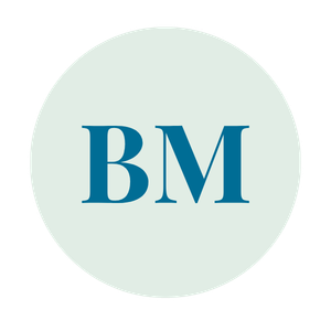 A circular logo with a light gray background and the letters 'BM' in blue in the center.