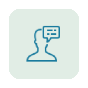 Outline of a person's head with a speech bubble containing lines, representing conversation or communication.
