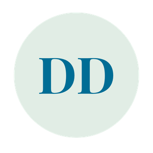 A circular logo with a light background and large blue letters 'DD' in the center.