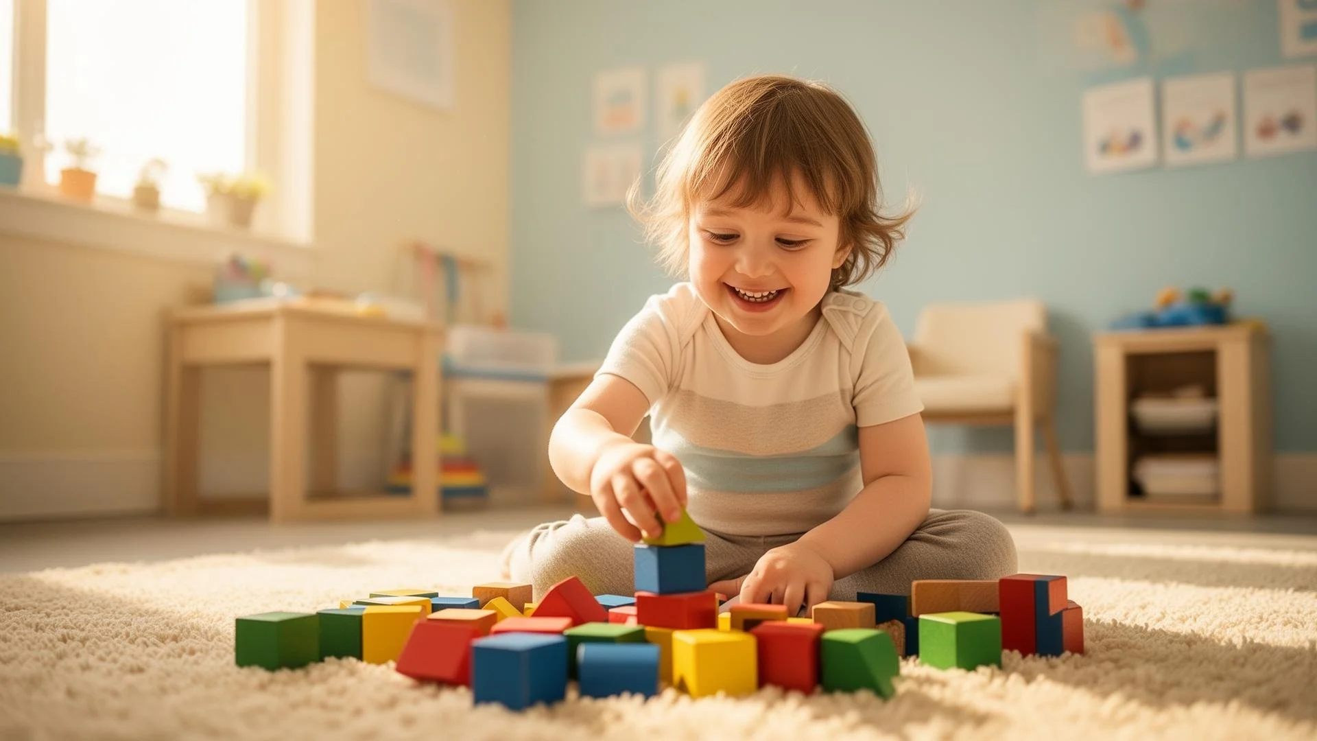 Young child sitting on a carpeted floor, playing with colorful wooden blocks in a well-lit playroom.