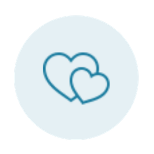 Two overlapping hearts, one larger than the other, depicted in outline form within a light blue circular background.