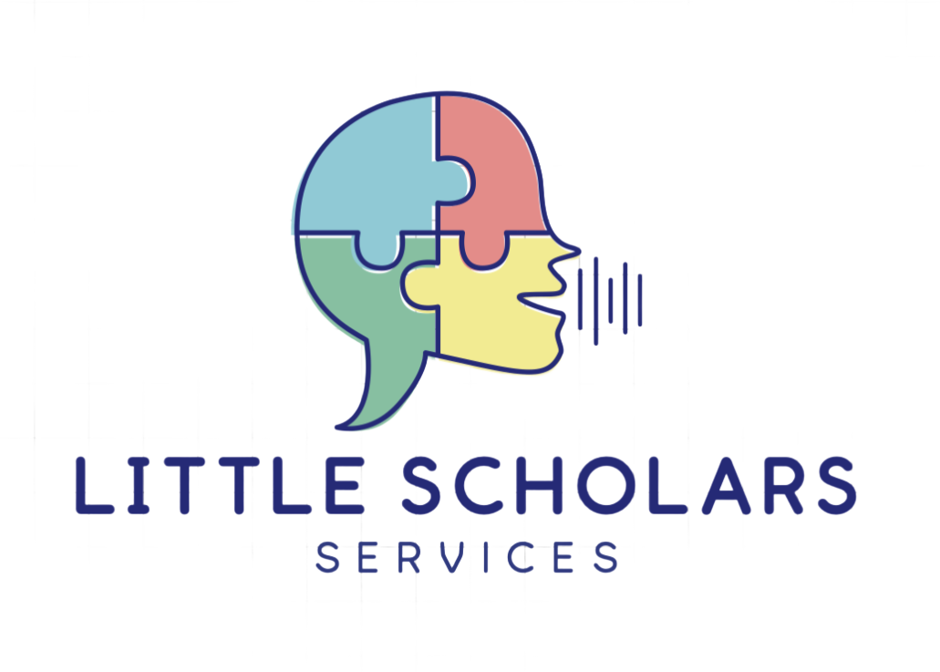 Logo of Little Scholars Services featuring a colorful puzzle-piece brain outline with a speech bubble incorporated into the design.