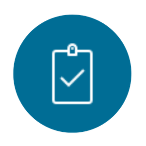 Icon of a clipboard with a checkmark on a blue circular background
