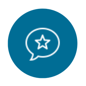 Blue circular icon with a white speech bubble containing a star inside.