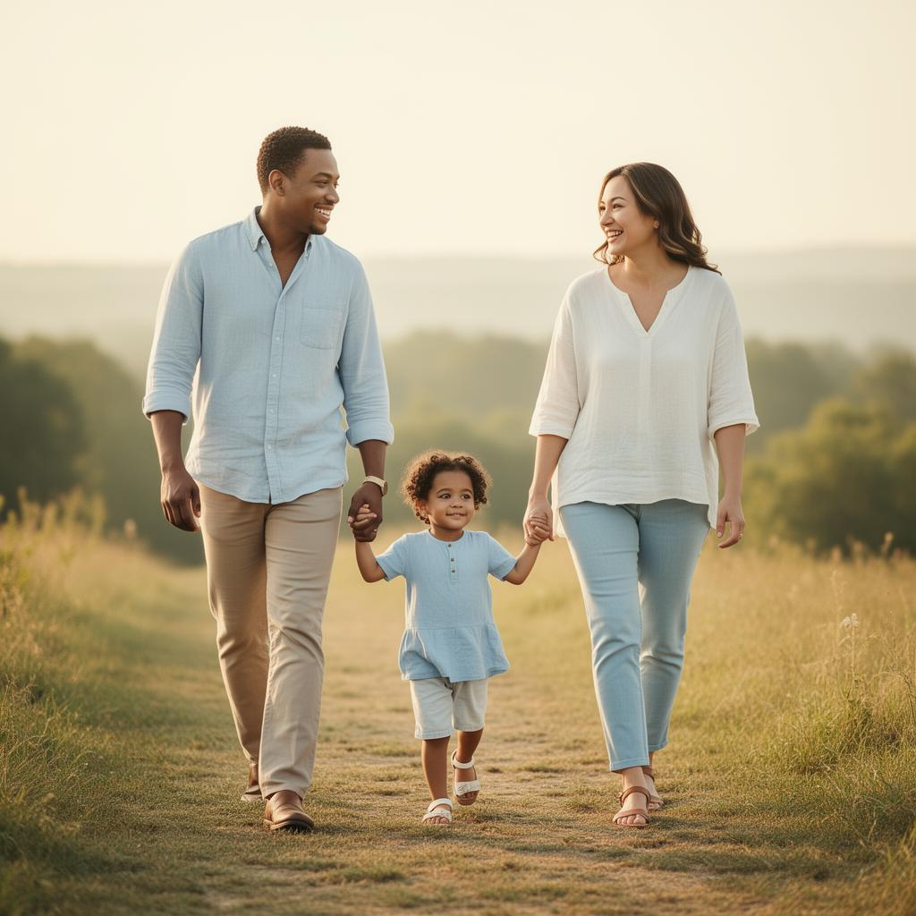 A happy family of three walking hand in hand outdoors on a grassy path during daylight, with a blurred green landscape in the background.