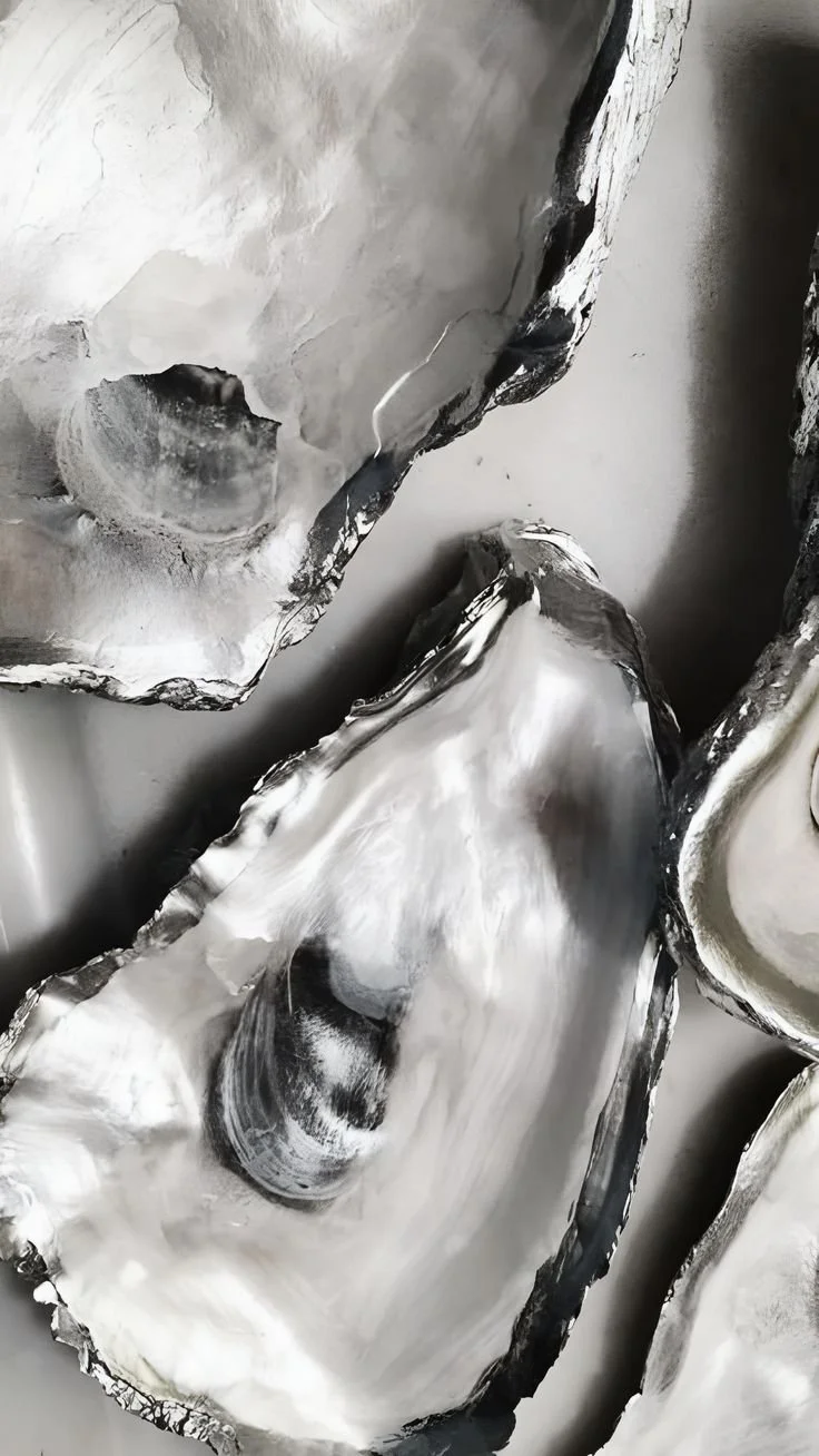 Close-up of oyster shells, opened to reveal the inner pearl-lining surfaces.