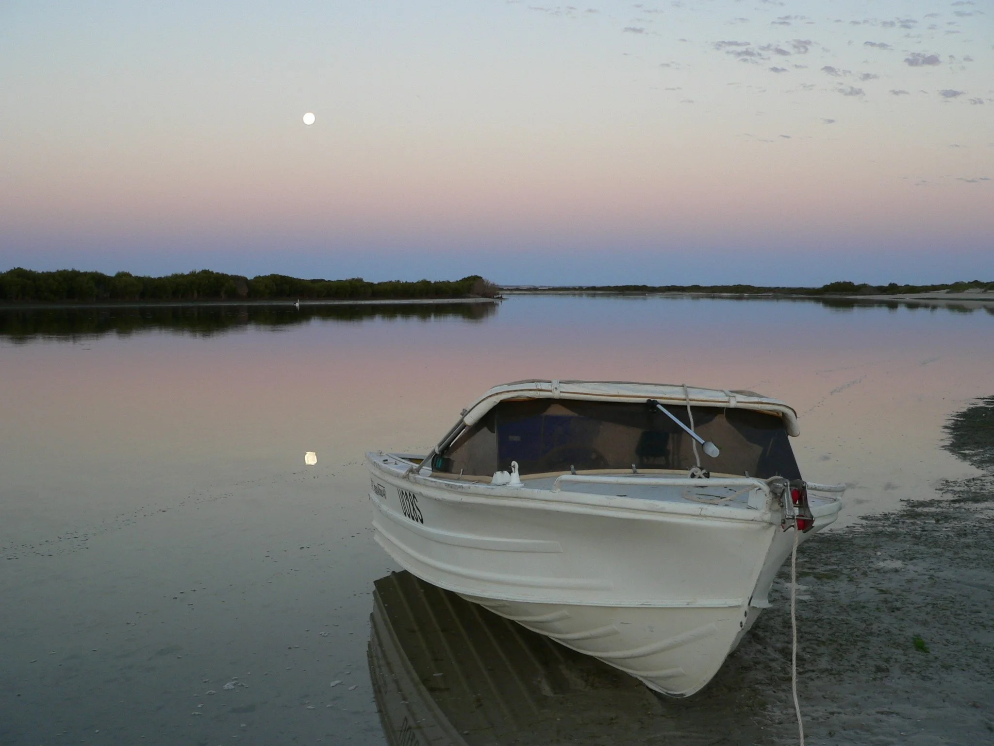 A small white boat on calm water near the shore during twilight, with a pastel-colored sky, a visible moon, and distant trees reflecting on the water.