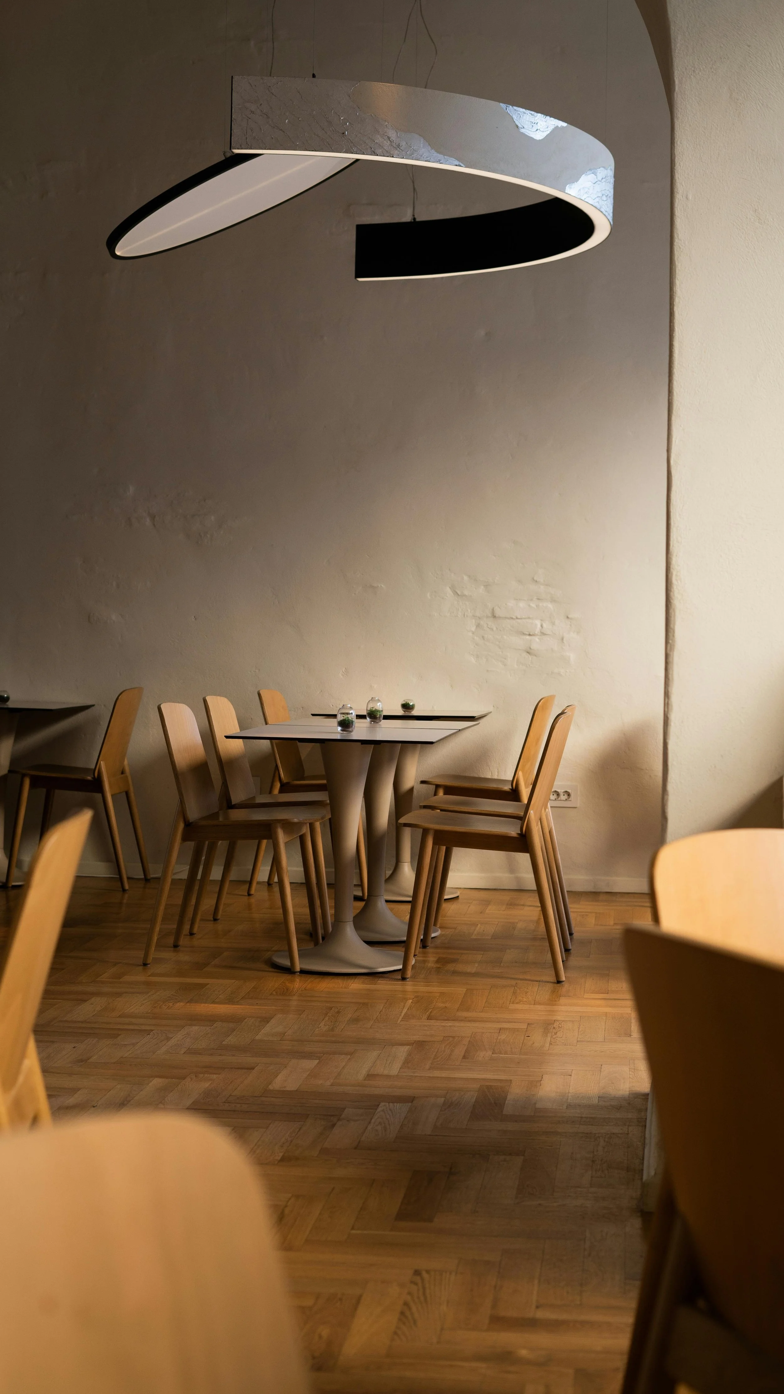 Empty dining room with wooden chairs around a table, small vases with green plants on the table, and a modern circular chandelier hanging from the ceiling.