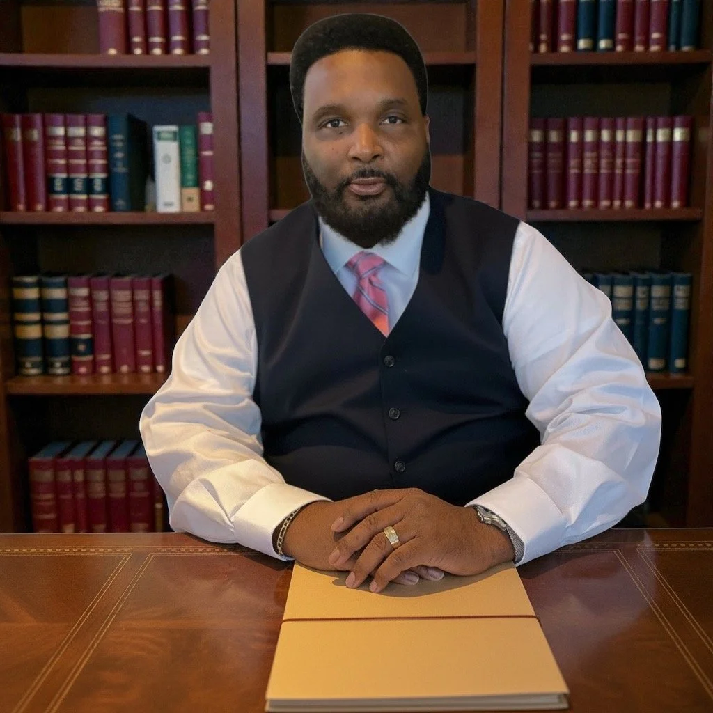 A man with a beard and mustache sitting at a wooden desk in front of a bookshelf filled with books. He is wearing a white shirt, a navy vest, a pink patterned tie, and has his hands resting on a folder.
