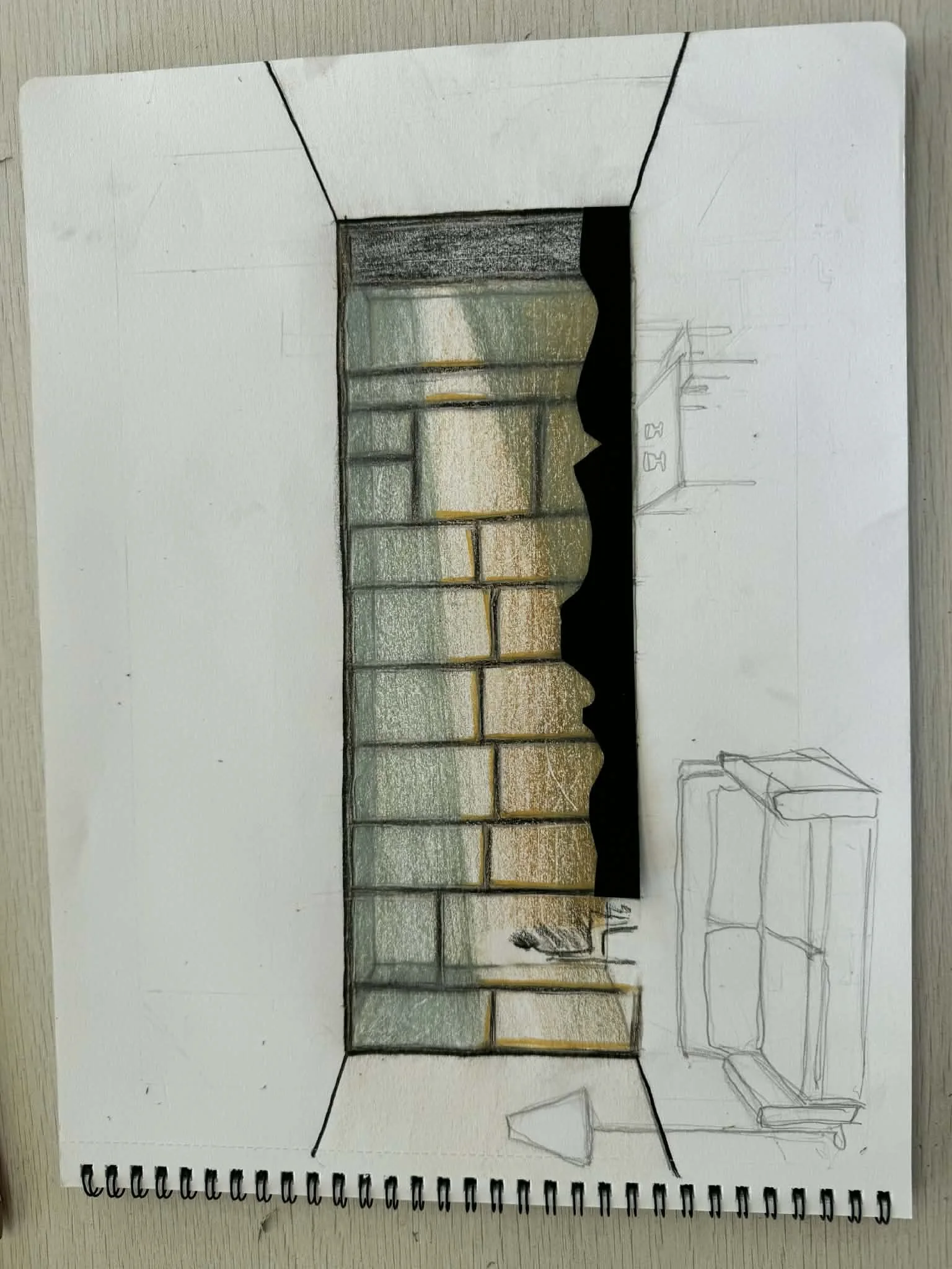 A sketch of a living room with a large window, a lamp, and a piece of furniture, with a placement of a brick wall background in color.