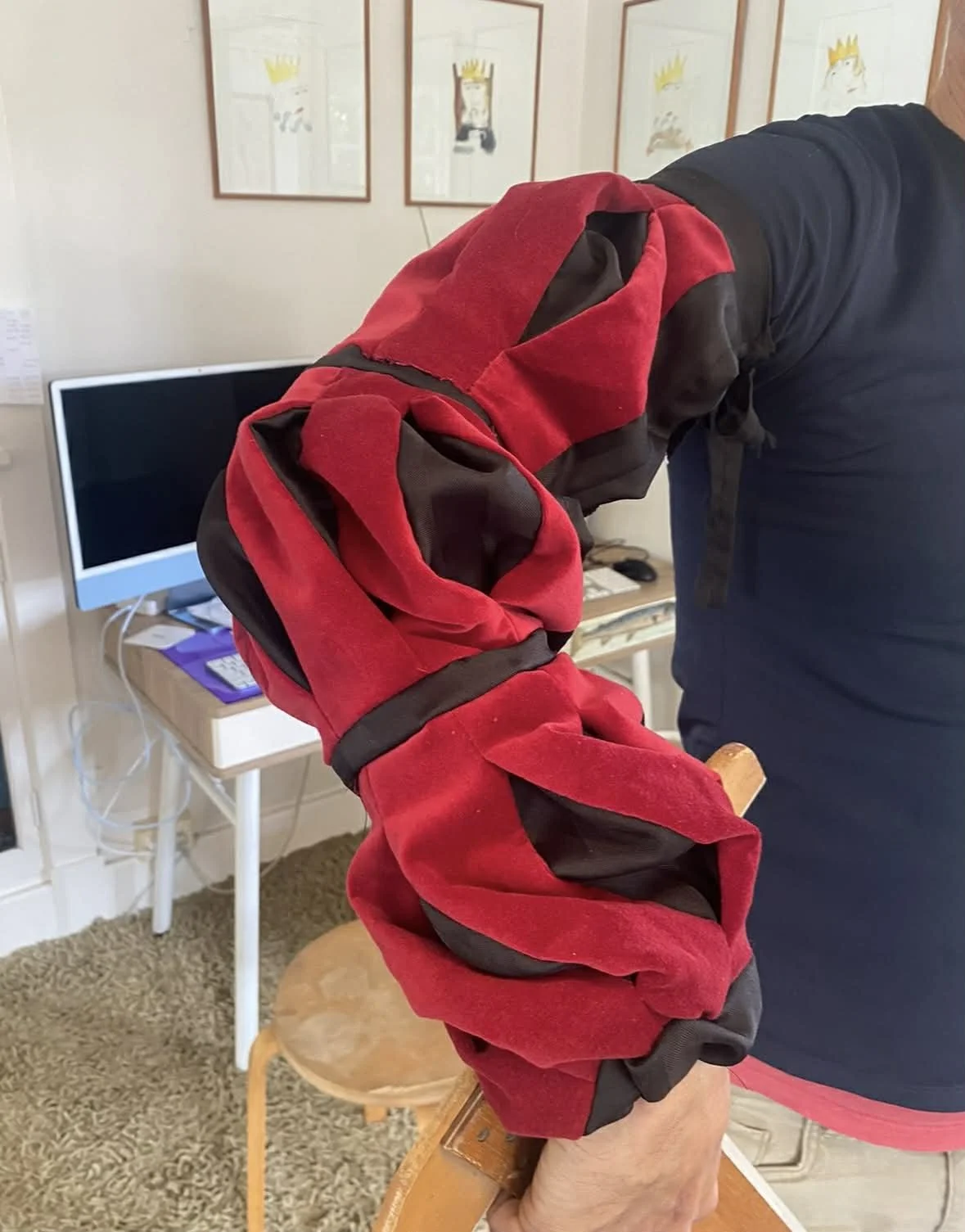 Person wearing a red and black jacket with a red hood, looking downward indoors with a computer monitor and framed pictures on the wall in the background.