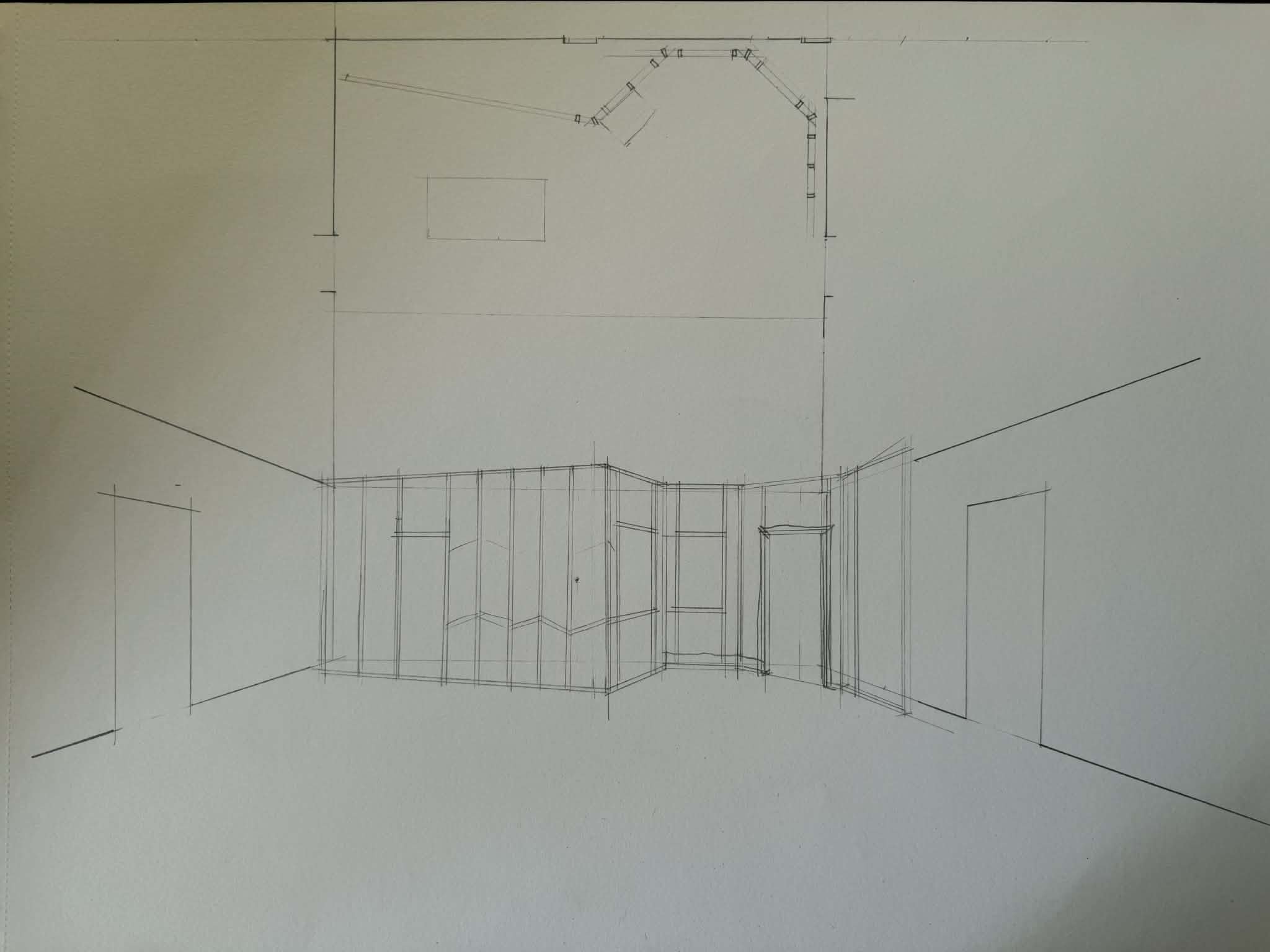 A technical drawing of a room layout, showing walls, doors, and a cathedral ceiling with detailed construction lines.