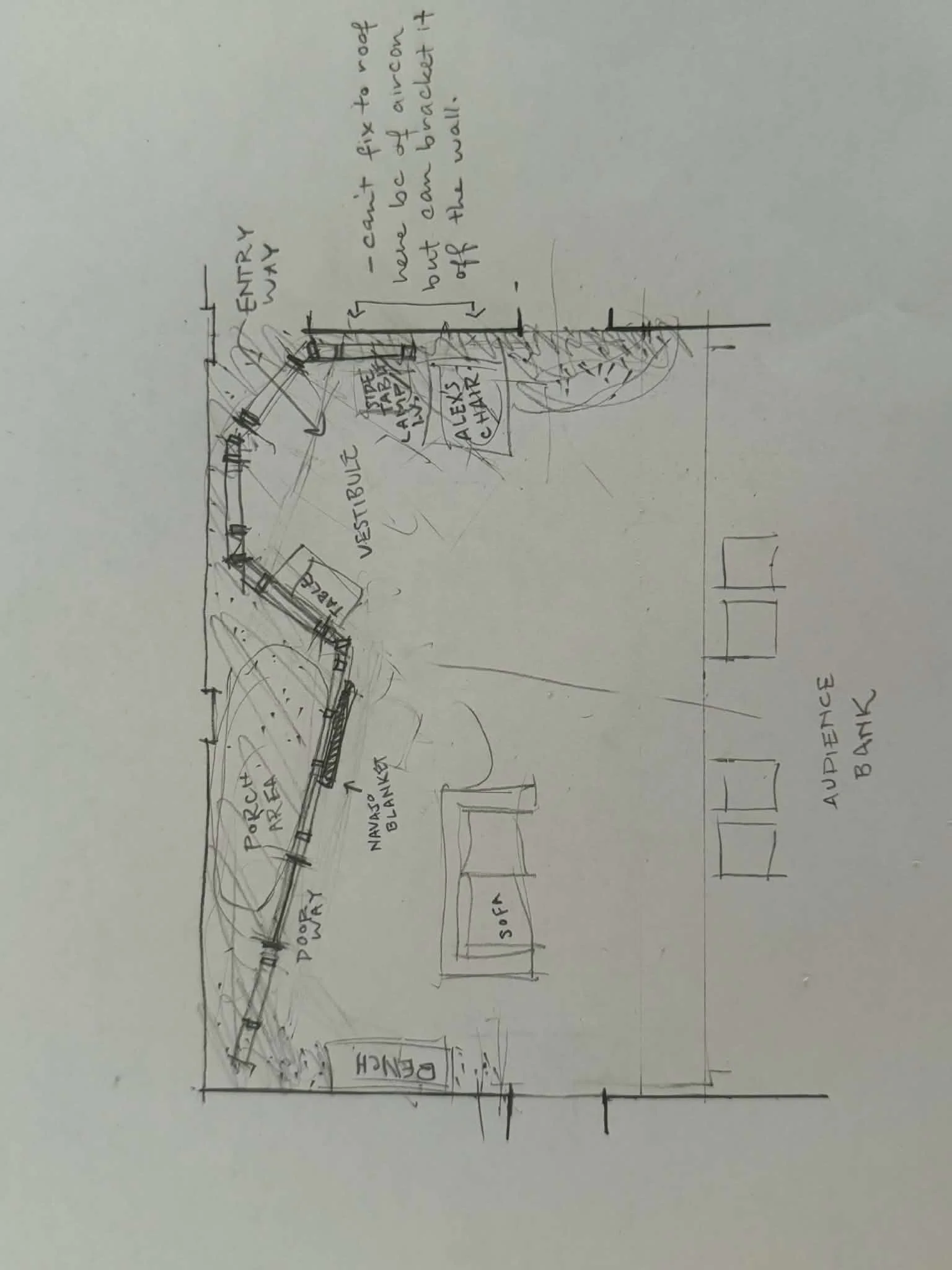 Sketch of an office reception area with a porch area, door, navy blue bench, sofa, and a vestibule. Notes about fixing the door to avoid lockout and recommendations for lighting and decorative elements are included. An audience bank is seen on the ri
