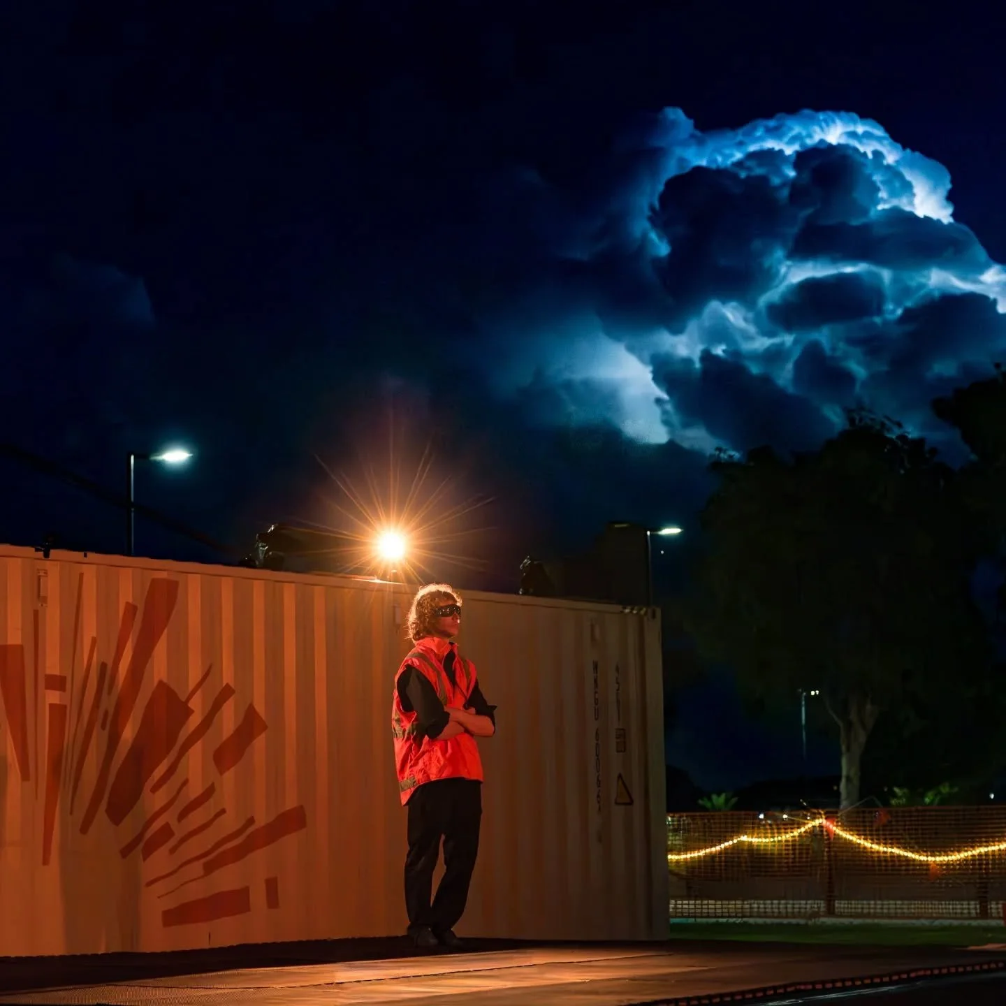 A person wearing a red and black jacket and sunglasses stands with arms crossed near a shipping container illuminated by warm lighting, with a dramatic blue cloud-filled sky and lightning in the background.